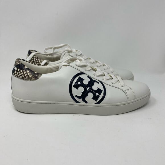 Tory Burch white leather snakeskin sneakers size 10 Leigh T-logo Snow black - Picture 2 of 12
